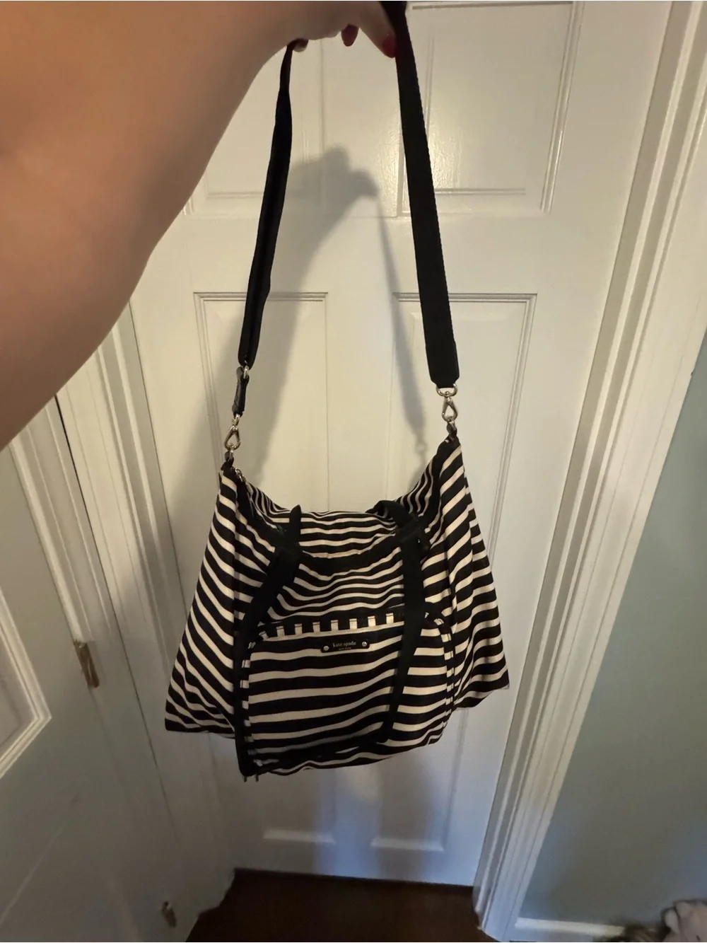 kate spade Watson Lane Lyla Black & White Stripes Nylon Packable Weekender Bag